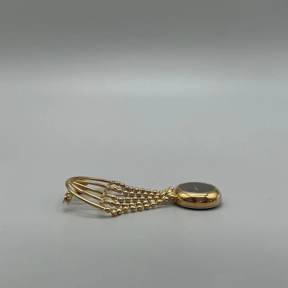 Vintage WF Womens Watch 22mm Black Dial Gold Tone Parachute Brooch New Battery